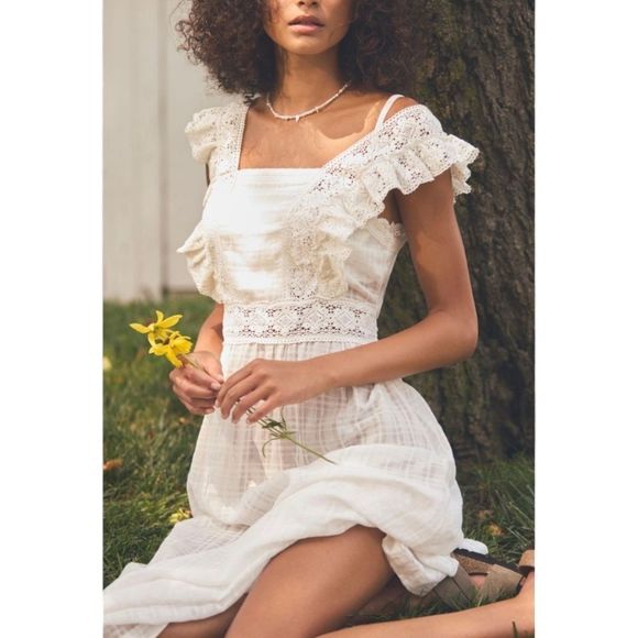 Anthropologie Ruffled Lace Bib Semi Sheer Cotton Maxi Cottage Dress Sz M NWT - Picture 1 of 16